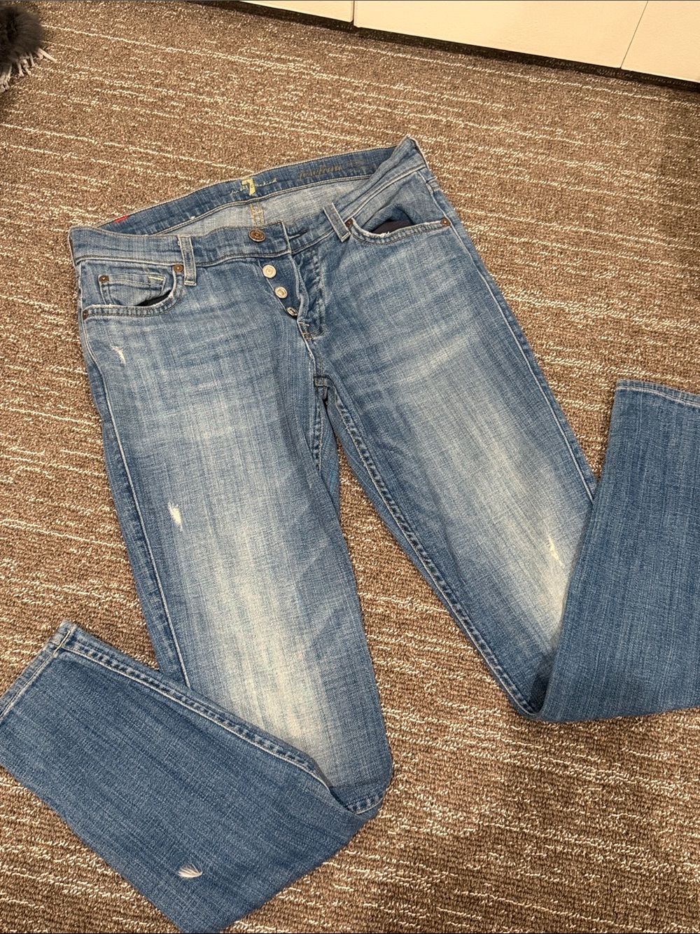 Women’s Blue Distressed Button-Fly Jeans